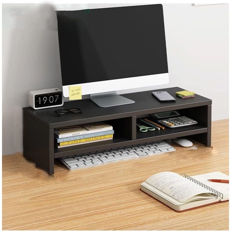 Wooden Monitor Stand, Desktop Storage, Computer Monitor Riser, Desk Organizer, Multifunctional Monitor Shelf with Double-Layer Storage Tray, Black