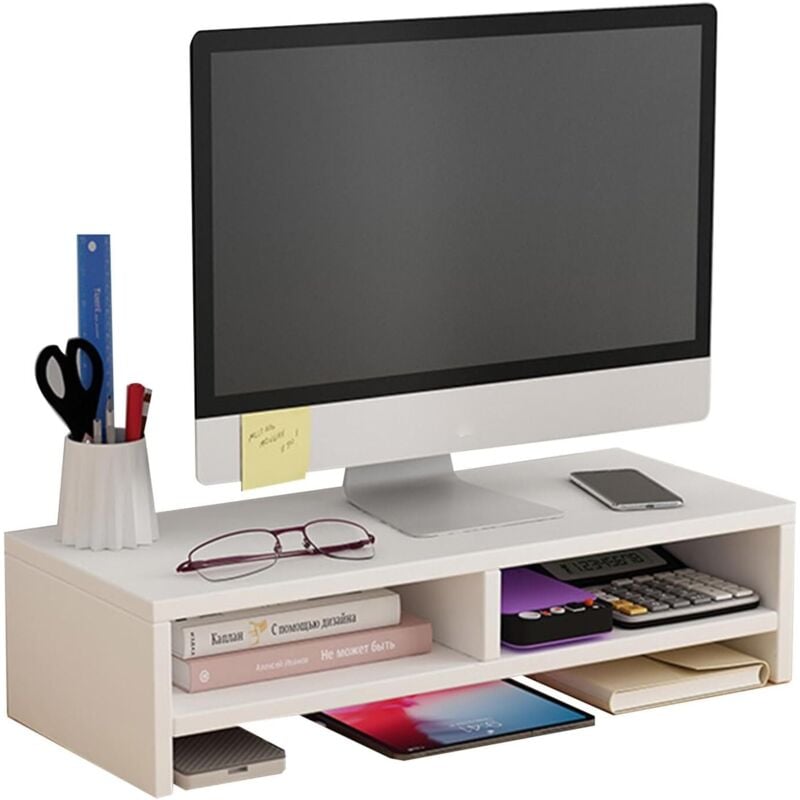 Wooden Monitor Stand, Desktop Storage, Computer Monitor Riser, Desk Organizer, Multifunctional Monitor Shelf with Storage Compartment, White,