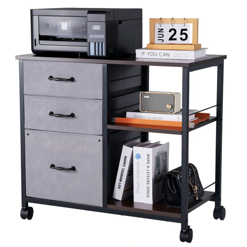 VEVOR Metal File Cabinet, Mobile Filing Cabinet with 3 Fabric Drawers and 2 Open Shelves, Wooden Vertical Filing Storage Cabinets with Wheels for